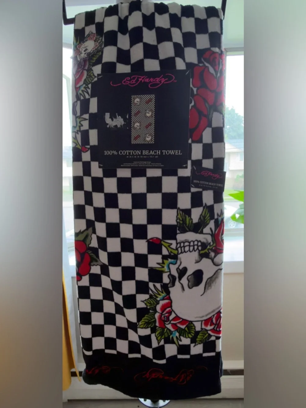 Ed Hardy Black, White & Pink Checkerboard Skull Beach Towel